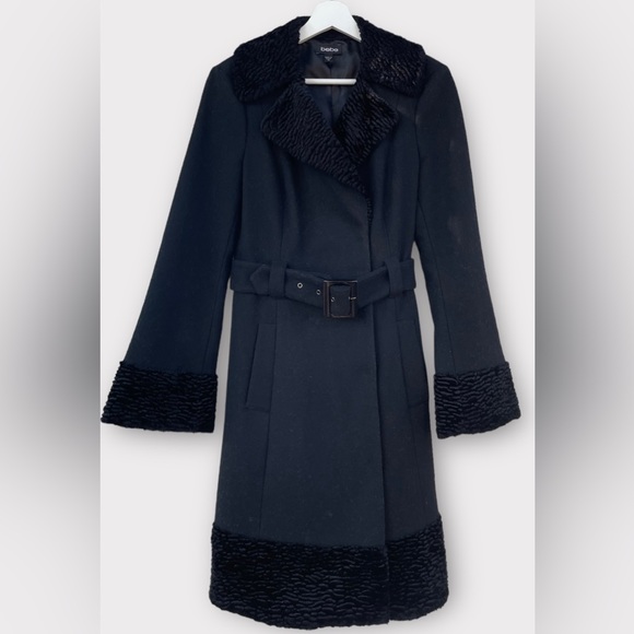 bebe Jackets & Blazers - Bebe Vintage Vegan Faux Fur Wool Blend Waist Buckle Pea Coat in Black sz Medium
